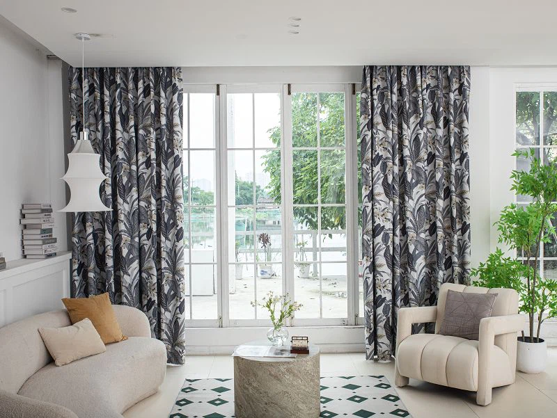 Тканина для штор із льону просо з візерунком великого листя